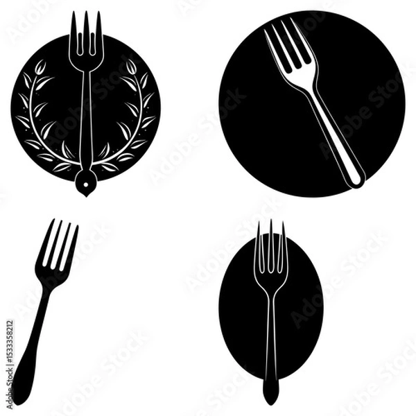 Fototapeta Illustration featuring four distinct fork designs in black and white minimalist style art work