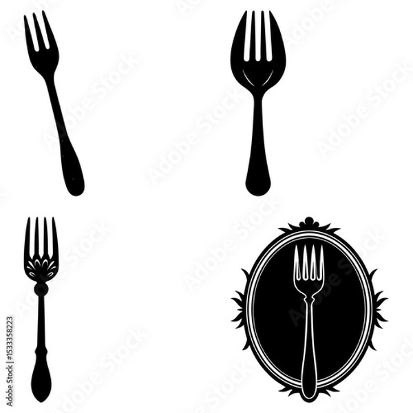 Fototapeta A collection of four black and white fork illustrations with varying styles and orientations shown clearly