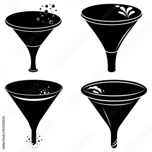 Fototapeta Four black and white illustrations of funnels with liquid and bubbles in different configurations