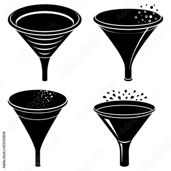 Fototapeta Illustration of four black funnels in different styles and with different filtering effects shown
