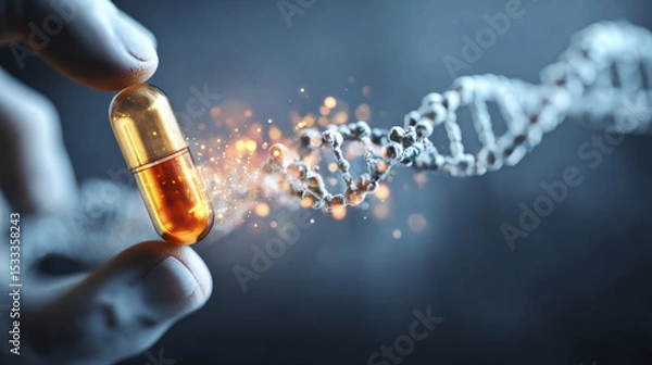 Obraz Personalized medicine concept with hand holding glowing capsule and DNA strand in background, symbolizing advanced drug design from genetic information