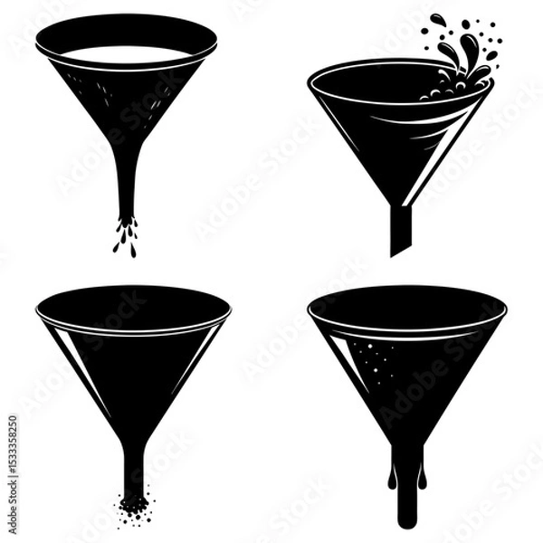 Fototapeta Four black and white funnel illustrations showing different stages of liquid pouring and filtering process