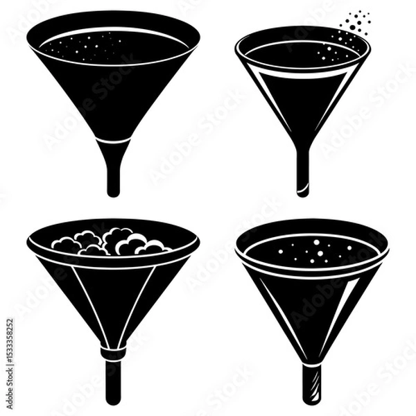 Fototapeta A set of four stylized black and white funnels filled with different substances and liquids