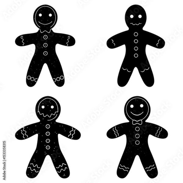 Fototapeta Four gingerbread men with different decorations including buttons and wavy lines on a white background