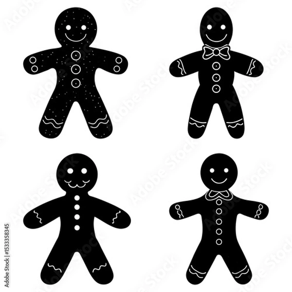 Fototapeta Four gingerbread man cookies in black silhouette with decorative details and smiling faces displayed
