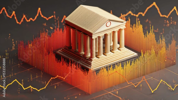 Fototapeta Classical bank building model surrounded by colorful digital financial graphs and charts representing economic analysis and inflation metrics in modern digital context