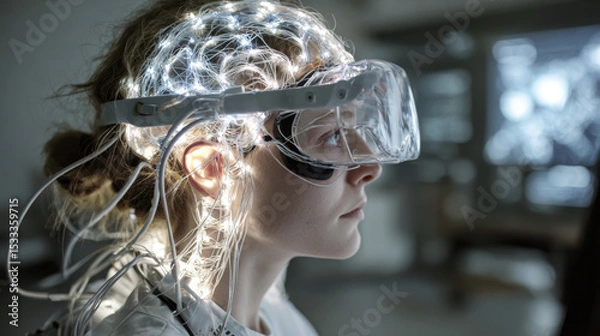 Obraz Young woman wearing futuristic neural mapping headset with glowing wires, immersed in virtual reality technology, exploring brain connectivity and digital interface in dimly lit room