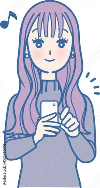 Fototapeta スマホを見ている笑顔の女性のイラスト
