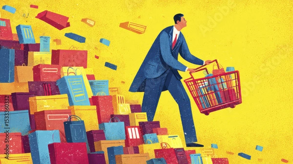 Obraz Man in suit carrying shopping basket with many colorful shopping bags and boxes falling behind him on yellow background, showing busy shopping and consumer activity