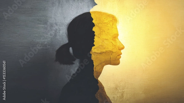Obraz Conceptual image showing woman profile split between dark shadow and bright yellow light, symbolizing contrast between darkness and hope or inner transformation