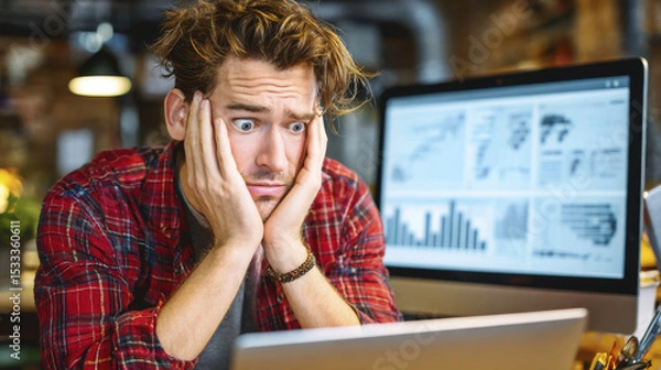 Fototapeta Young man in red plaid shirt looking stressed while working on laptop with digital charts on desktop screen in background, showing concern and frustration in cozy workspace