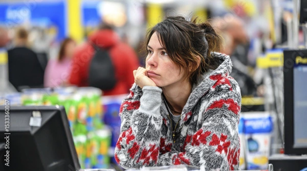Obraz Young woman in patterned sweater waiting at checkout counter looking thoughtful and concerned in busy store with blurred shoppers in background