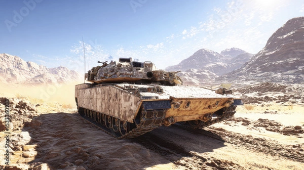 Obraz Camouflaged tank in desert environment with rocky terrain and mountains under bright blue sky, showcasing military mobility and rugged armored vehicle design