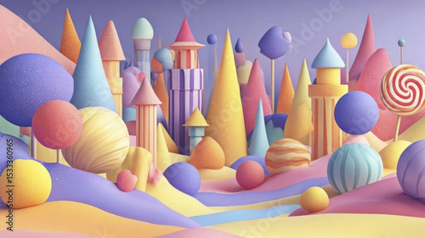 Obraz Candycolored gradient fantasy landscape with playful tones and smooth curves, featuring whimsical towers and round shapes in soft pastel colors