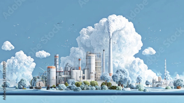 Obraz Industrial factory with large chimneys emitting white smoke under clear blue sky, surrounded by trees and greenery, illustrating carbon capture and climate technology