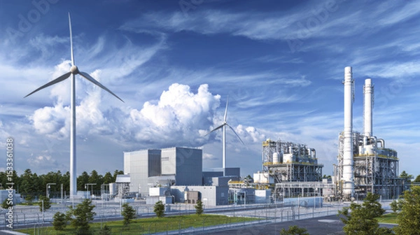 Obraz Carbon capture facility with wind turbine renewable energy integration under blue sky with clouds, showing industrial structures and green landscape in bright daylight