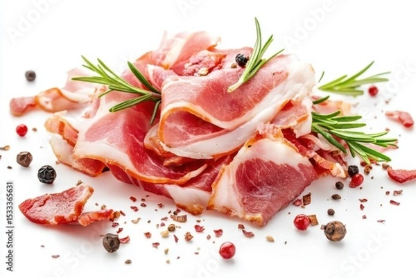 Fototapeta Fresh Slices of Cured Meat with Herbs and Spices on White Background
