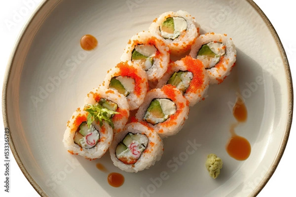 Obraz California sushi rolls topped with fish roe and avocado