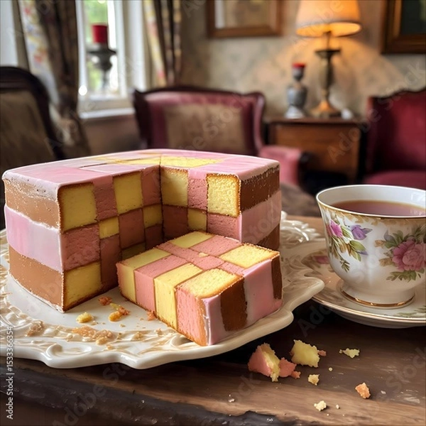 Obraz Delicious Battenberg cake with a cup of tea in a cozy setting. Perfect for afternoon tea or special occasions
