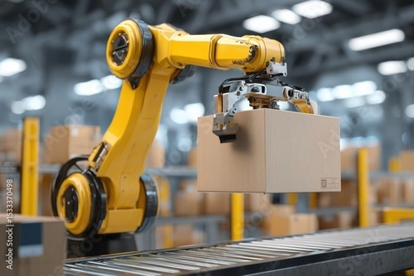 Obraz yellow industrial robotic arm lifting cardboard box in a modern smart warehouse, high-tech environment with automated packaging system