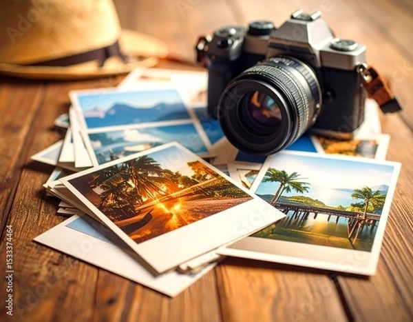 Obraz Generated image 원목 테이블 위에 쌓여있는 여행 사진과 DSLR 카메라 Travel photos and DSLR camera piled on a wooden table
