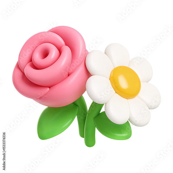 Fototapeta rose and daisy flowers 3d render icon isolated on transparent background cutout