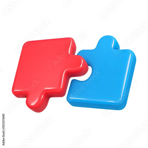 Fototapeta red blue puzzle pieces 3d render icon isolated on transparent background cutout