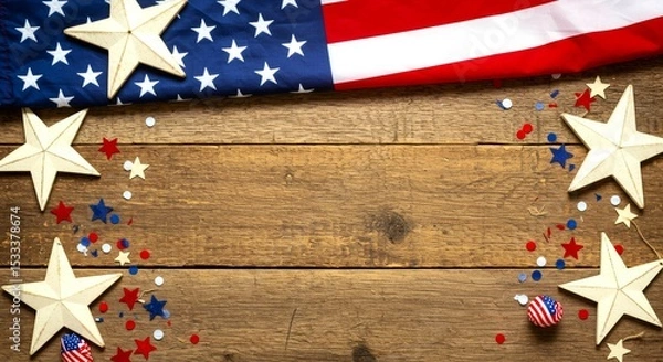 Obraz  Rustic Flat-Lay USA Flag and Confetti 8K Background