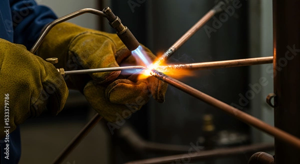 Fototapeta Welding Copper Pipes with Torch