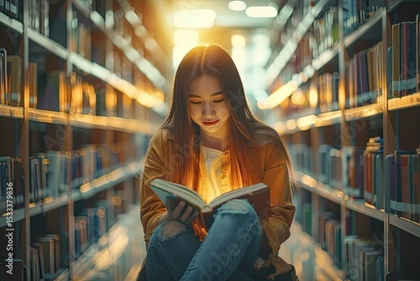 Fototapeta Detailed Color Picture of Smart Female Student with Book in Library