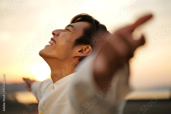 Fototapeta Joyful young man with outstretched arms embraces the warmth and freedom of the sunset.