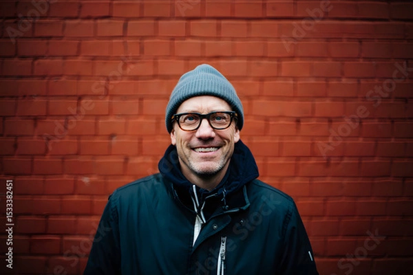 Fototapeta Smiling man in glasses and a beanie stands before a red brick wall wearing a dark winter coat.