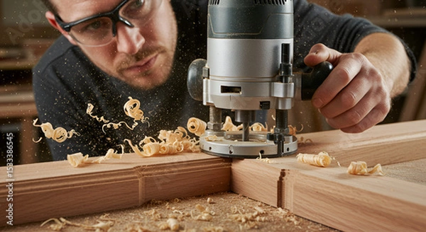 Fototapeta Woodworker Using Router Tool in Workshop
