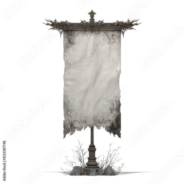 Obraz Tattered Medieval Banner on Ornate Pole, Blank for Your Design