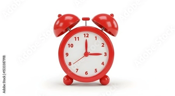 Obraz High-quality 3D red alarm clock icon in cartoon plastic style, cute proportions, shiny plastic texture, small round feet, twin bells, centered on white background, minimal design, perfect for mobile 