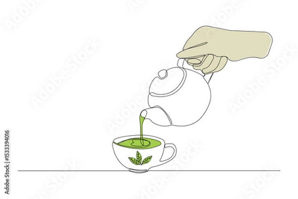 Obraz Hand-drawn matcha tea line art drawing. Hand pouring matcha tea linear icon vector.