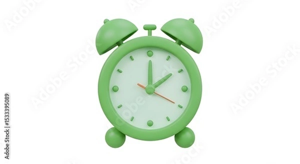 Obraz High-quality 3D green alarm clock icon in cartoon plastic style, cute proportions, shiny plastic texture, small round feet, twin bells, centered on white background, minimal design