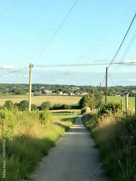 Obraz View along, Raikes Lane, with wild plants, mown fields, trees, and buildings, set against a blue sky in, Tong, UK