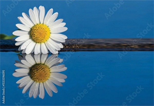 Fototapeta Stunning chamomile flower blooms gracefully with its reflection in blue water. Copy space for greeting card, poster, banner, presentation and report title.
