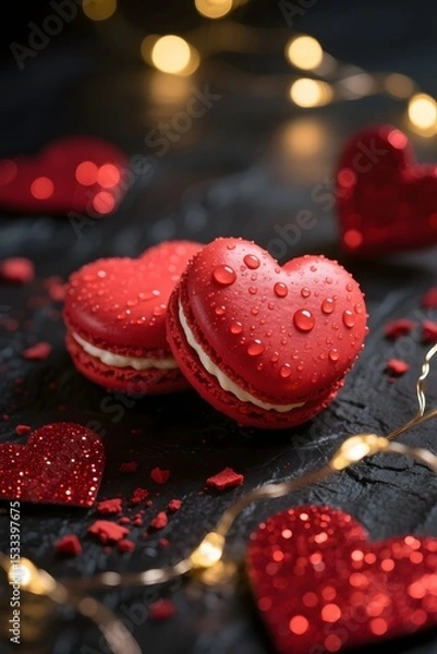 Fototapeta Red Heart-Shaped Macarons with Water Droplets and Romantic Lights