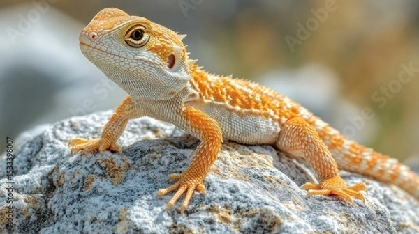 Fototapeta Bearded dragon basking on a rock, a reptile enjoying sunlight exposure