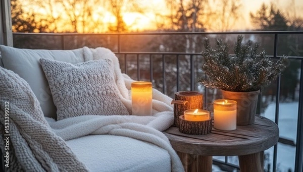 Obraz Cozy winter balcony with candles, blanket, and pillows at sunset providing peace