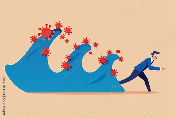 Fototapeta Coronavirus crisis destruction waves, second and third waves will be worse and disaster critical concept, fear and panic businessman run away from waves of COVID-19 coronavirus pathogen impact.