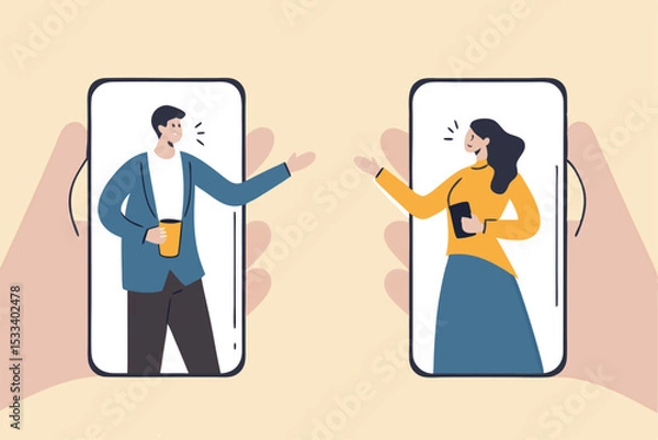 Fototapeta Video conference during COVID-19 Coronavirus outbreak, people using technology work at home remotely concept, man and woman teammate working remotely using smartphone or mobile phone for meeting.