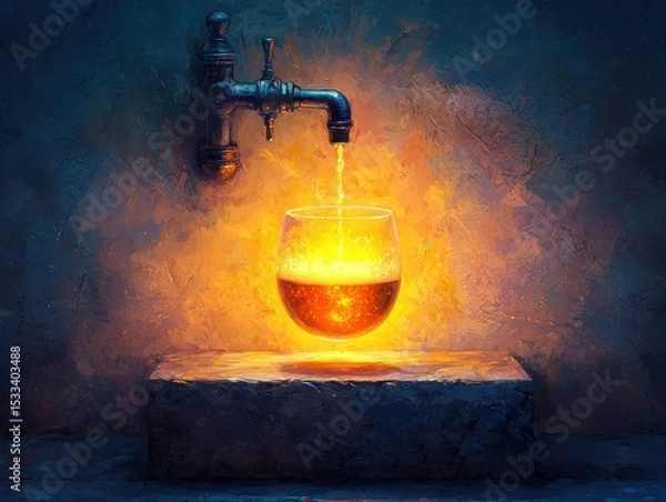 Obraz A glowing glass filled with golden liquid illuminated by a faucet against a textured wall.