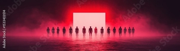 Obraz A group of silhouettes standing before a glowing rectangular light in a foggy landscape.