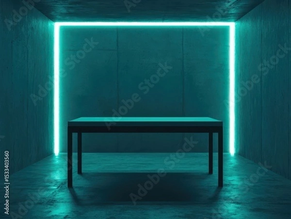 Obraz A minimalist room featuring a sleek table illuminated by neon lights.