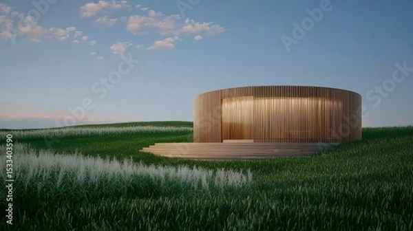 Obraz A modern circular wooden structure surrounded by lush green fields under a clear blue sky.