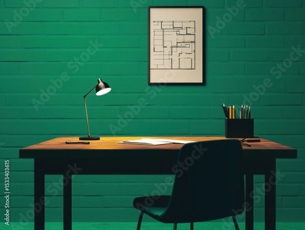 Obraz A modern desk setup featuring a lamp, chair, and stylish wall art in a vibrant room.