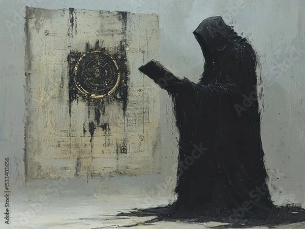 Obraz A mysterious figure in a dark cloak interacts with an ancient symbol in an eerie setting.